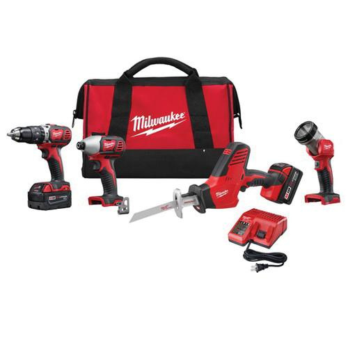 Milwaukee cordless power tool set with bag and charger.