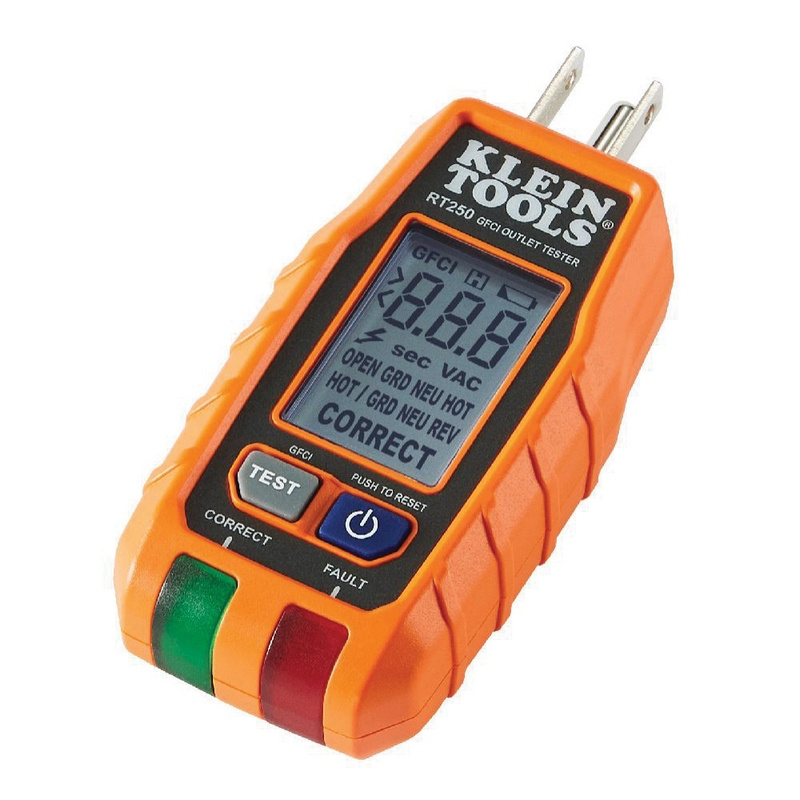 Klein Tools RT250 digital GFCI outlet tester for diagnosing wiring issues and testing ground fault protection